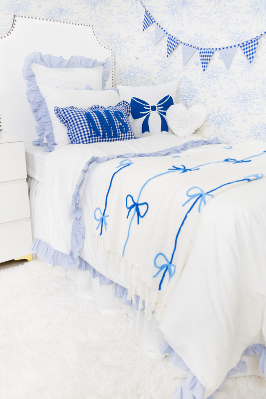 Cotton Percale Organic Duvet Cover with Ruffles Trim- Blue Stripes
