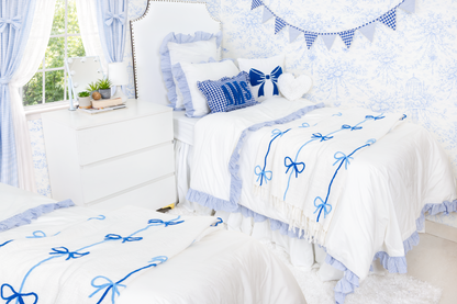 Cotton Percale Organic Duvet Cover with Ruffles Trim- Blue Stripes