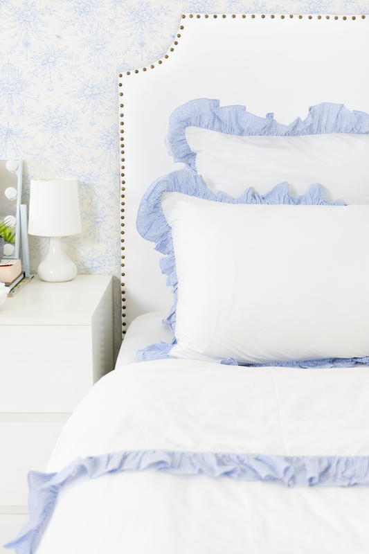 Cotton Percale Organic Standard Sham with Ruffles Trim- Blue Stripes