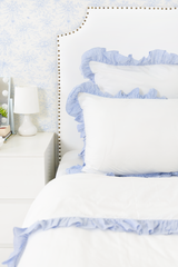 Cotton Percale Organic Duvet Cover with Ruffles Trim- Blue Stripes