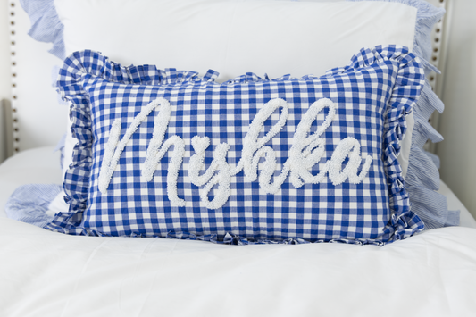 Blue Gingham Custom Name Punch Pillow Cover
