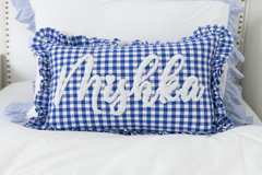 Blue Gingham Custom Name Punch Pillow Cover