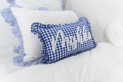 Blue Gingham Custom Name Punch Pillow Cover