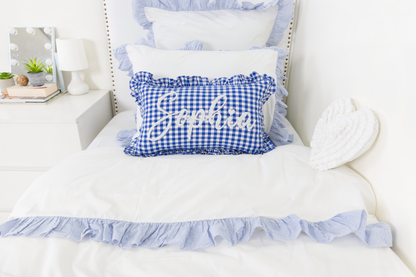 Cotton Percale Organic Duvet Cover with Ruffles Trim- Blue Stripes