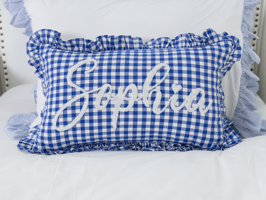 Blue Gingham Custom Name Pillow Cover