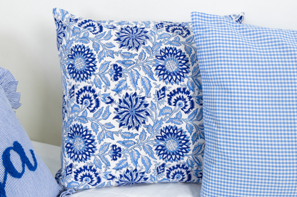 Blue Floral Block Print Pillow Cover