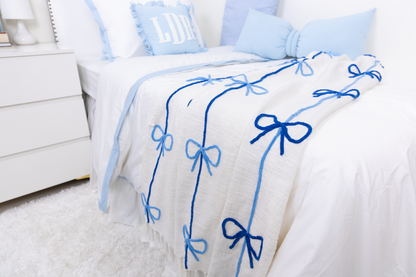 Textured Embroidered Throws- Blue Bows
