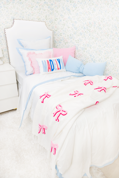 Textured Embroidered Throws- Blue Bows