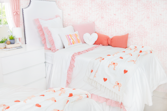 Cotton Percale Organic Duvet Cover with Ruffles Trim- Peach Gingham