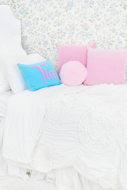 Cotton Percale Organic Ruched Duvet Cover With Ruffled Flowers- White
