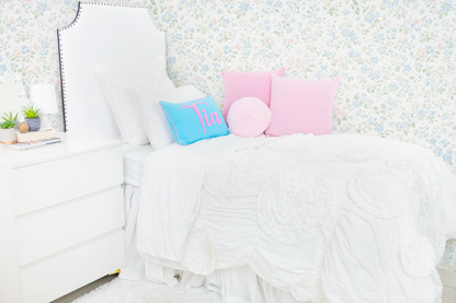 Cotton Percale Organic Ruched Duvet Cover With Ruffled Flowers- White