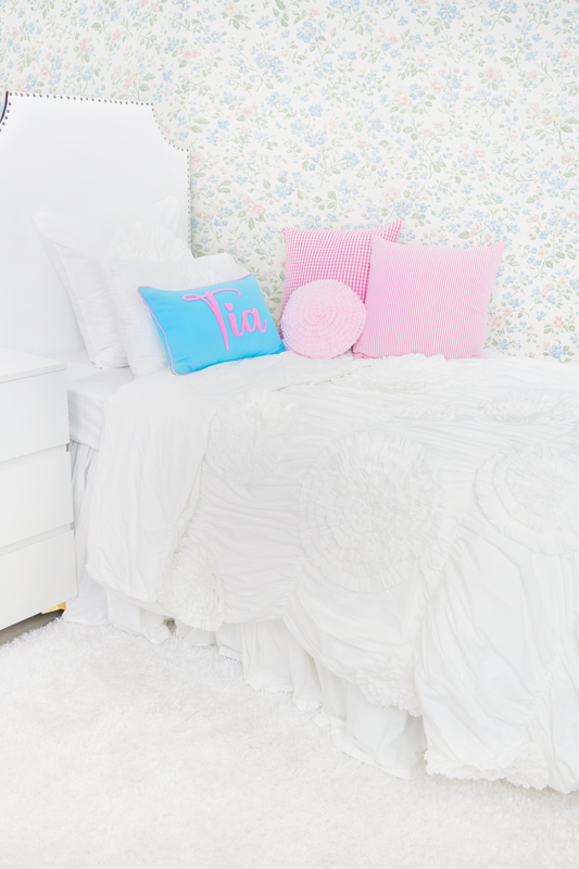 Cotton Percale Organic Ruched Duvet Cover With Ruffled Flowers- White