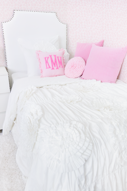 Cotton Percale Organic Ruched Duvet Cover With Ruffled Flowers- White