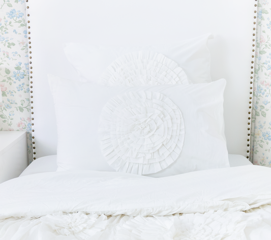 Cotton Percale Organic Ruched Shams With Ruffled Flowers-White