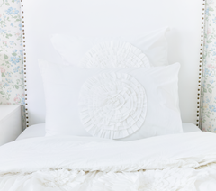 Cotton Percale Organic Ruched Shams With Ruffled Flowers-White