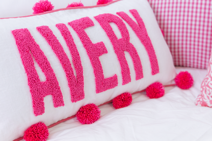 Pink Pom Pom Custom Name Pillow Cover
