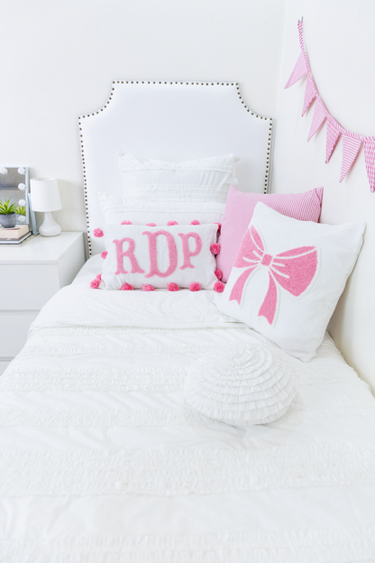 Pink Personalized Monogram Pillow Cover With Pom Poms