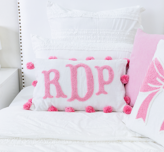 Pink Personalized Monogram Pillow Cover With Pom Poms