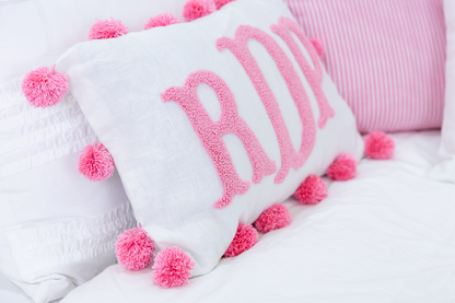 Pink Personalized Monogram Pillow Cover With Pom Poms