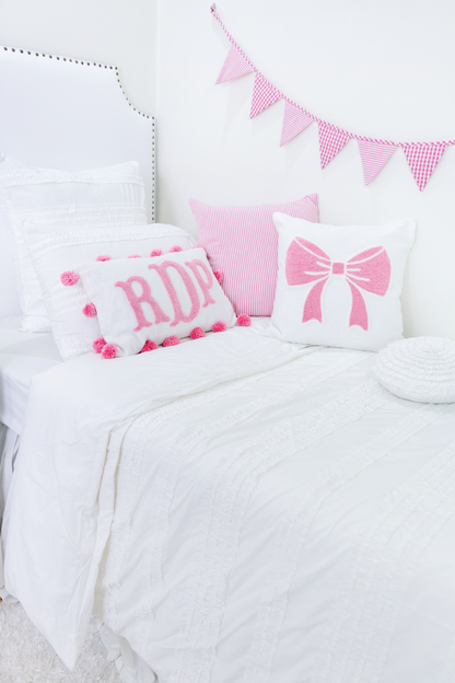 Pink Personalized Monogram Pillow Cover With Pom Poms