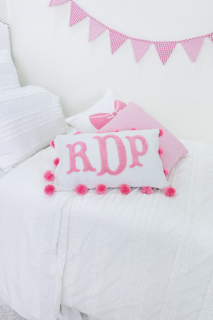 Pink Personalized Monogram Pillow Cover With Pom Poms