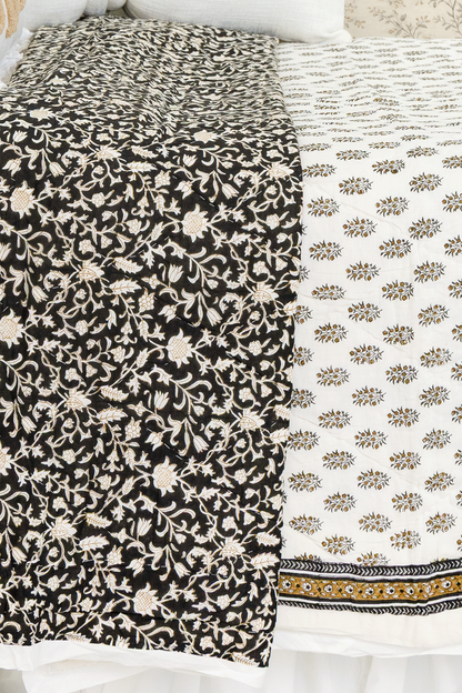 Hand Block Printed Reversible Voile Quilt- Black Floral