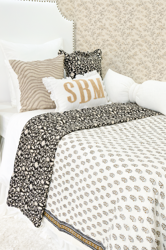 Hand Block Printed Reversible Voile Quilt- Black Floral