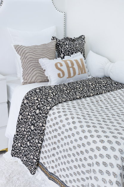 Black Floral Block Print Pillow Cover With Ruffles