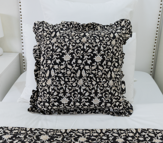 Black Floral Block Print Pillow Cover With Ruffles