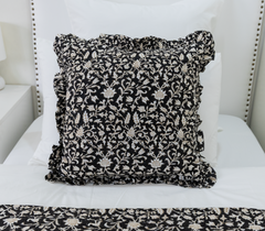 Black Floral Block Print Pillow Cover With Ruffles