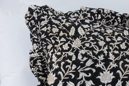 Black Floral Block Print Pillow Cover With Ruffles