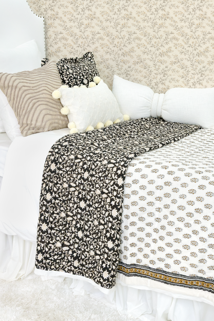 Hand Block Printed Reversible Voile Quilt- Black Floral