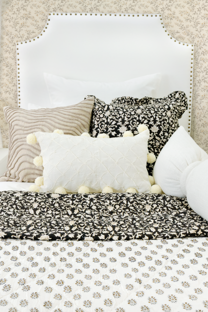 Hand Block Printed Reversible Voile Quilt- Black Floral