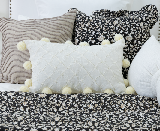 Pom Pom & Pinch Pleat Pillow Cover- Cream Linen