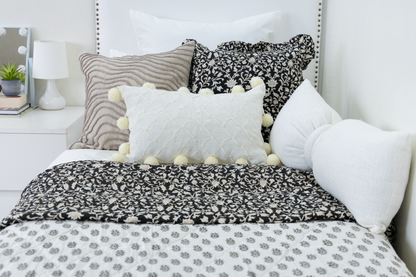 Black Floral Block Print Pillow Cover With Ruffles