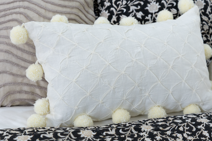 Pom Pom & Pinch Pleat Pillow Cover- Cream Linen