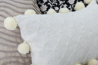 Pom Pom & Pinch Pleat Pillow Cover- Cream Linen