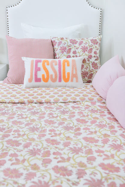 Pink Floral Block Print Pillow Cover