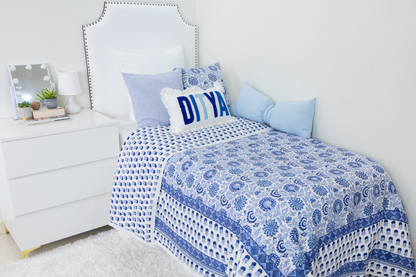 Blue Floral Block Print Pillow Cover