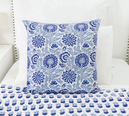 Blue Floral Block Print Pillow Cover