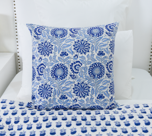 Blue Floral Block Print Pillow Cover