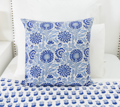 Blue Floral Block Print Pillow Cover