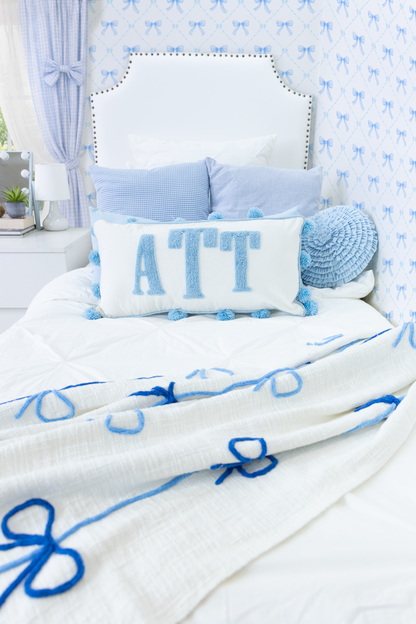 Blue Pom Pom Custom Monogram Pillow Cover