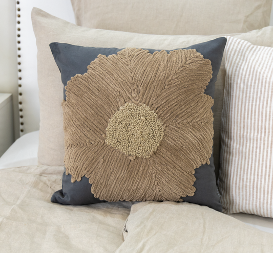 Charcoal  Beige Floral Textured Pillow Cover