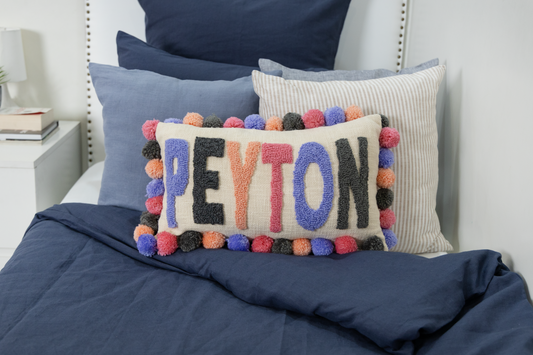 Lavender Grey Personalized Name Pillow Cover with Pom Poms