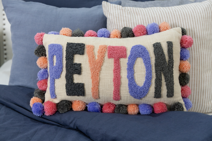 Lavender Grey Personalized Name Pillow Cover with Pom Poms
