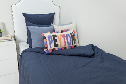 Lavender Grey Personalized Name Pillow Cover with Pom Poms
