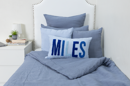 Blue Linen Custom Name Pillow Cover