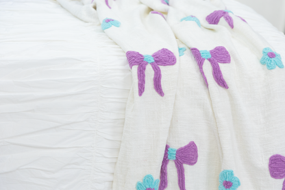 Textured Embroidered Throws- Blue Bows