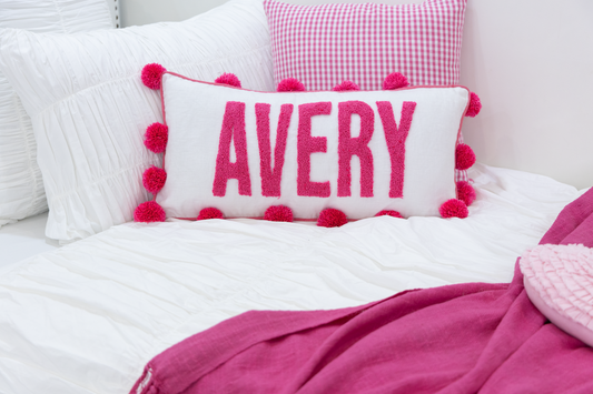 Pink Pom Pom Custom Name Pillow Cover